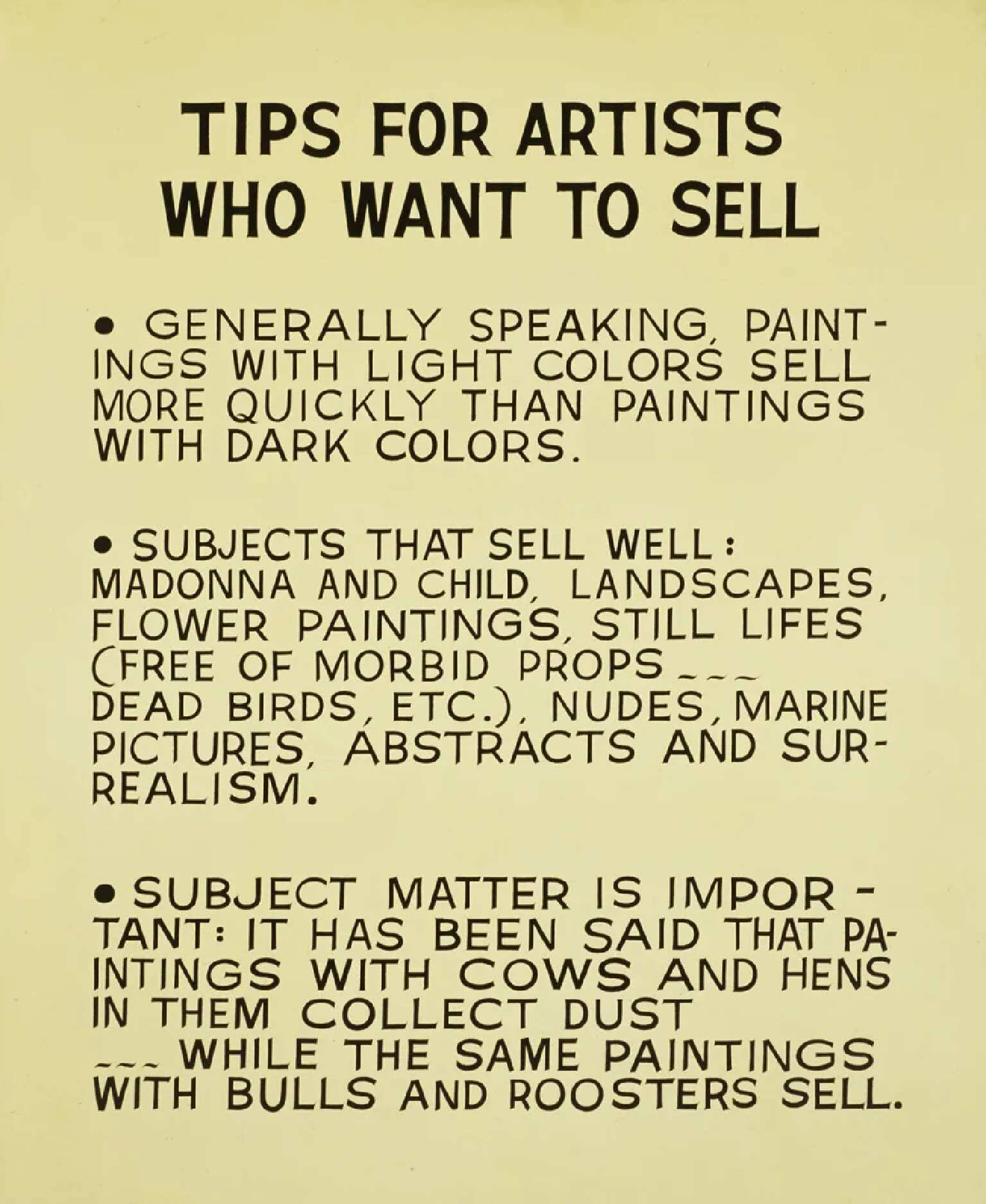 John Baldessari (1931-2020), Tips for Artists Who Want to Sell, 1966-68